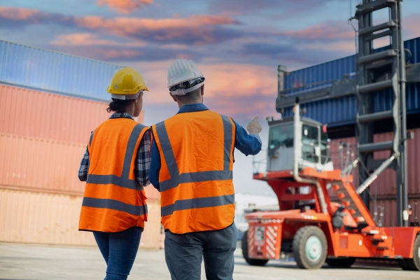 Port Workers Supervising Container Terminal Operations Two dock workers in safety gear overlooking container yard operations with reach stacker equipment in background during sunset